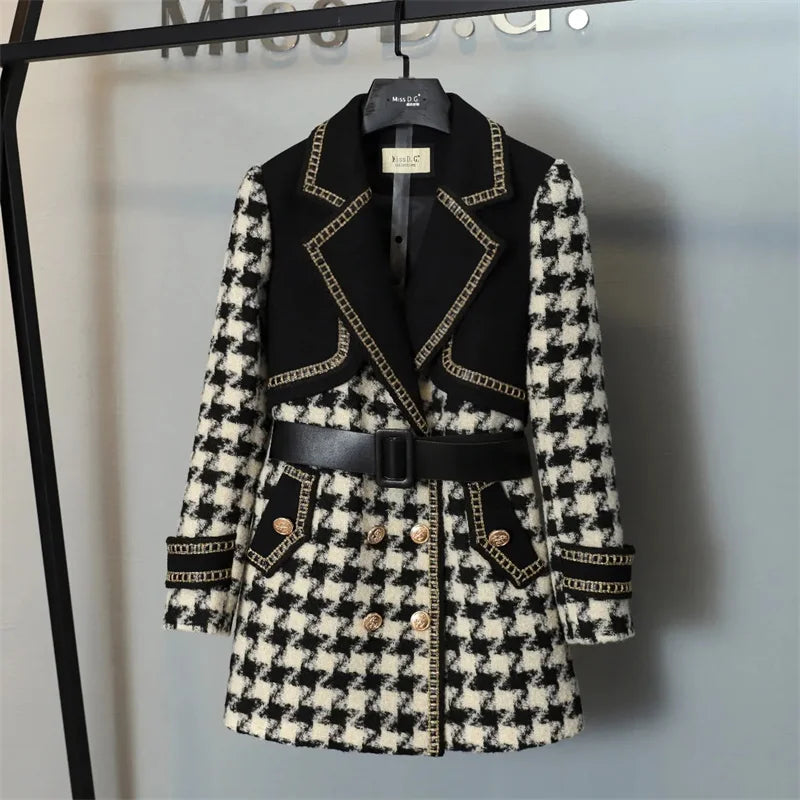 Woolen Coat Women Winter New Double-Breasted Mid-Long Plaid Woolen Windbreaker Fashion Pocket Belt Outwear Wool Coats Female