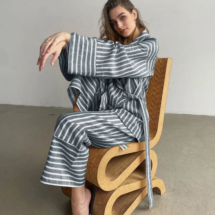 Women's Clothing 2025 Autumn New Striped Long-sleeved Loose Lace Top High Waist Trousers Fashionable Casual Suit