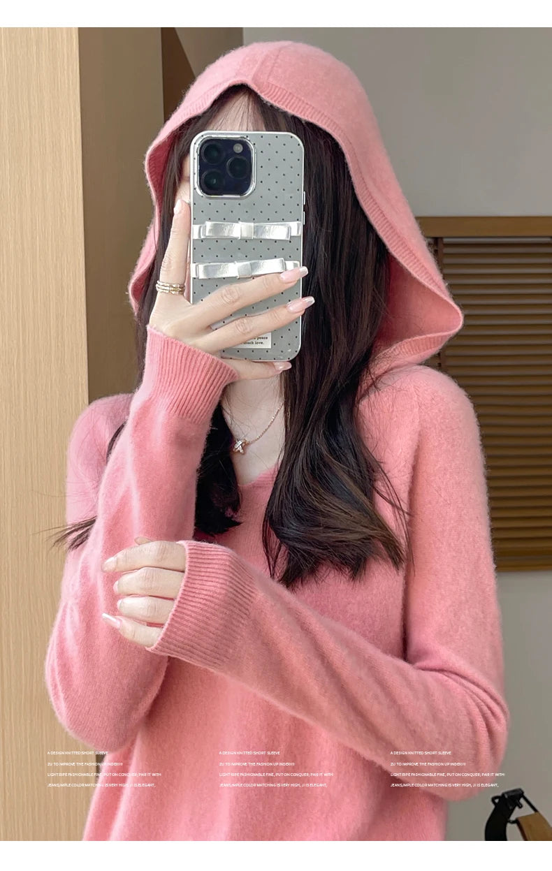 Women Autumn Winter Clothing Hooded Collar Pullover 100% Merino Wool Sweater New Fashion Cashmere Tops Bottoming Knitwear Soft