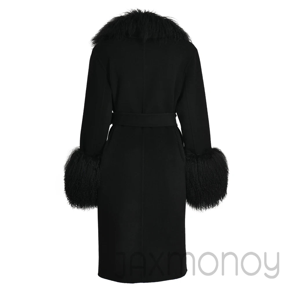Women Cashmere Wool Coat With Real Mongolian Sheep Fur Collar  Ladies Autumn Winter Fashion Long Outwear Full Sleeve Fur Jacket