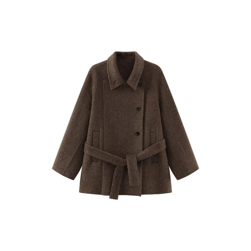 Women Elegant Wool-Like Winter Short Coat Brown Belted Jacket Warm Casual Outerwear for Lady with High Neck and Waist Tie Design