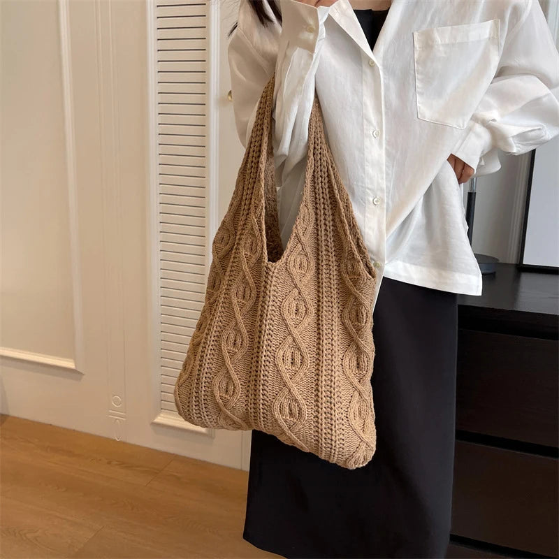 Wool Knitted Shoulder Shopping Bag for Women Vintage Cotton Cloth Girls Tote Shopper Bag Large Female Handbag Crochet Bag