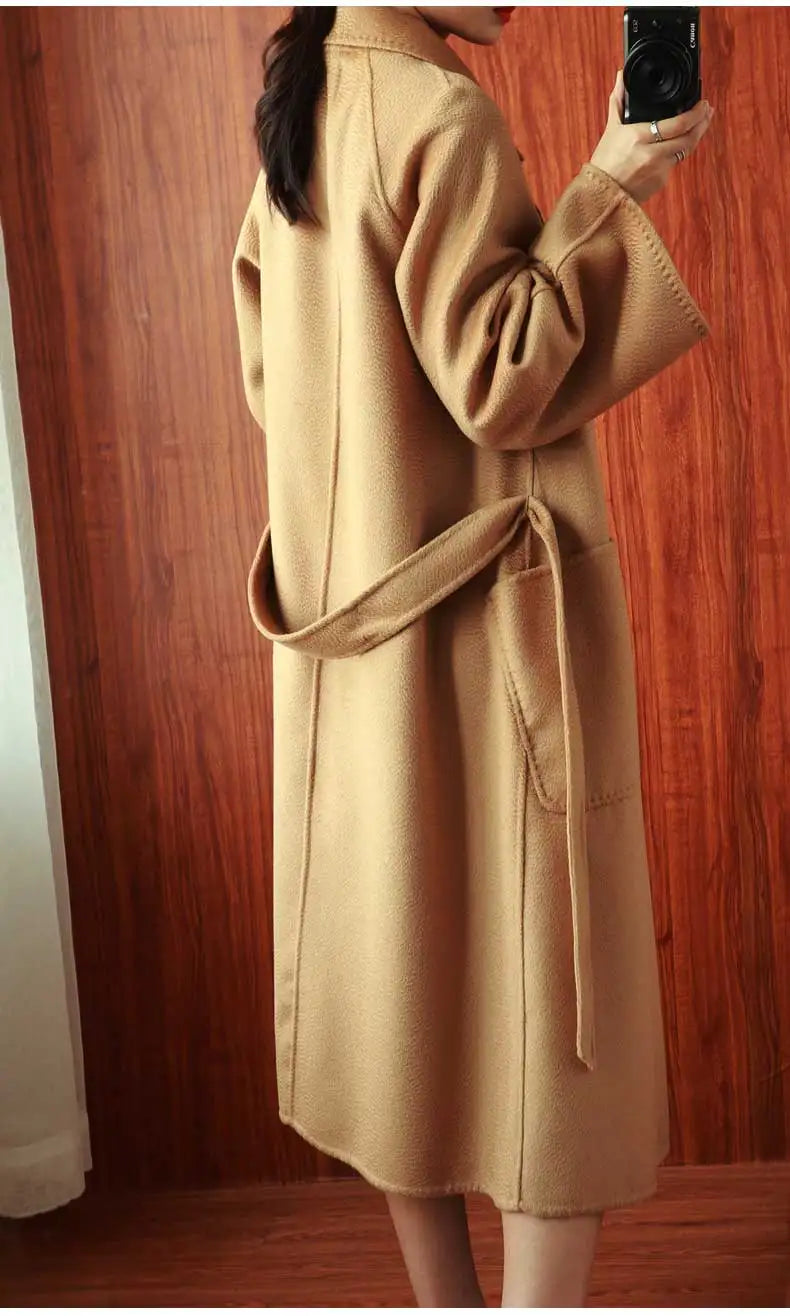 Women Double-Sided 20% Cashmere Wool Coat Jacket Women Long Beautiful Woolen Winter Autumn Warm Fashion Water Ripple Cloak