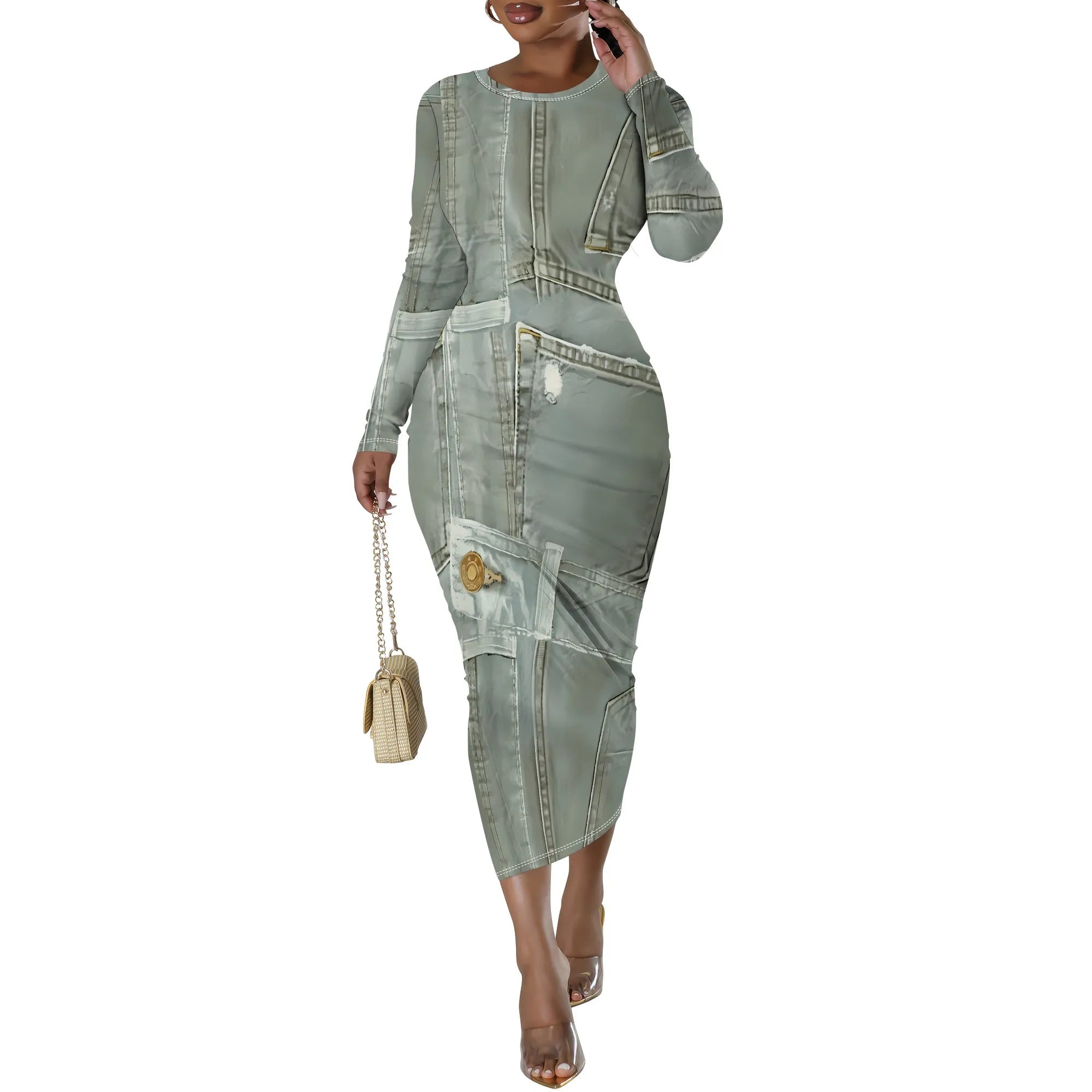 European and American women's fashion temperament casual print slim black dress