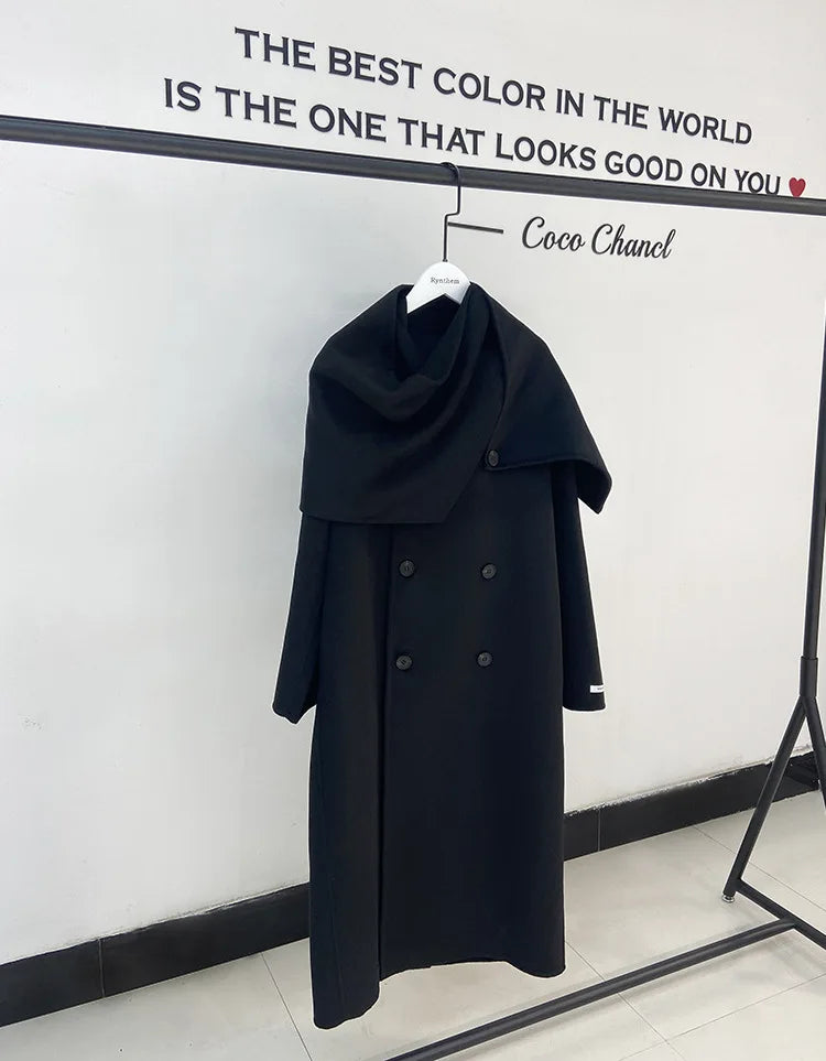 New Hand-sewn Cashmere Wool Coat Women New Mid-length Big Scarf Collar Loose Lace-up Warm Double-sided Wool Coat Fashion Winter