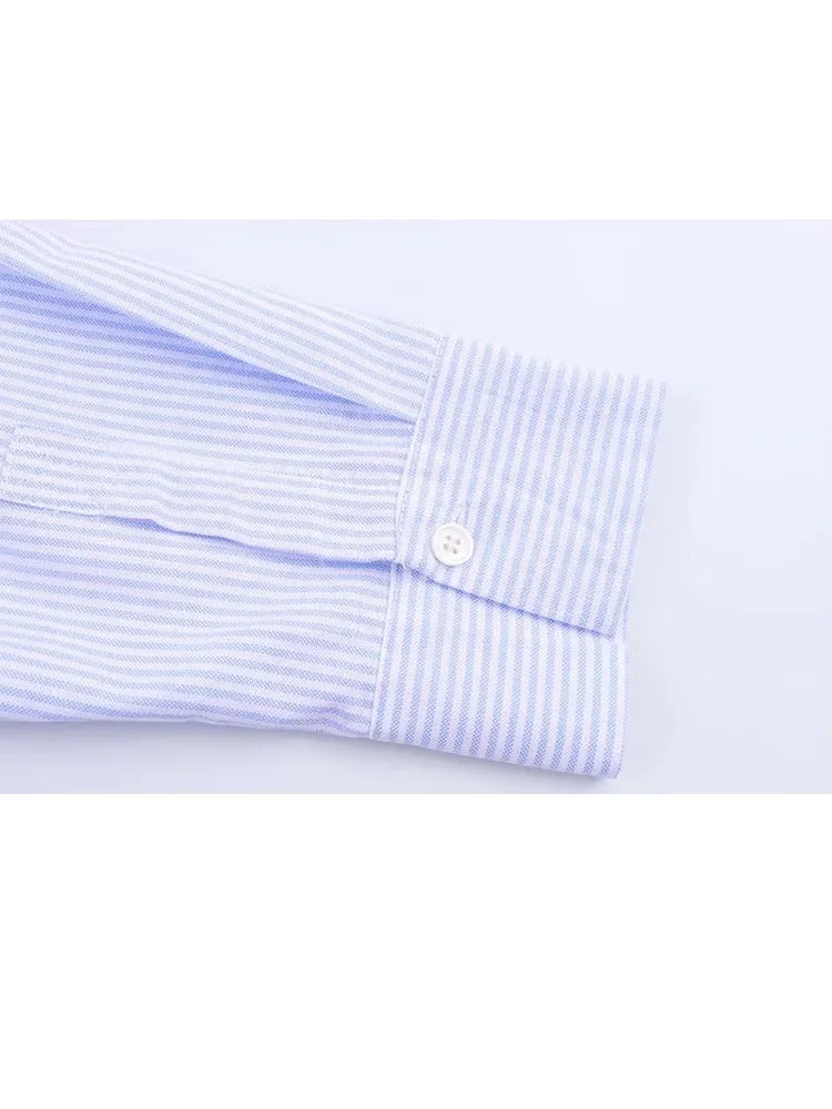 HH Women's 2025 Fashion Versatile Waist Pleated Blue Striped Shirt Female Elegant Lapel Single-Breasted Long-Sleeved Shirt