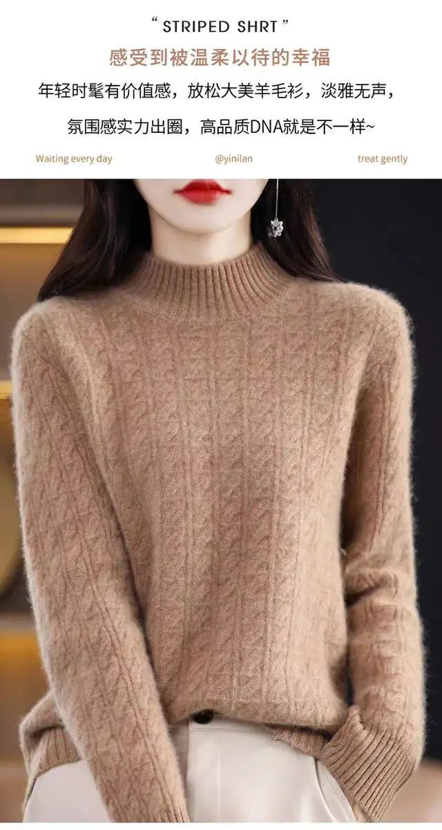 Cashmere Sweater Women's Autumn Winter New Half Turtleneck Bottoming Thickened Knitted Top Loose Solid Color