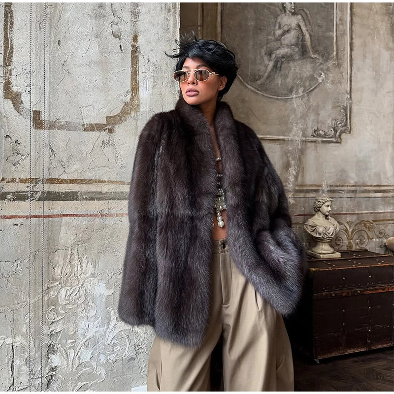 Fashion Medium-length Fur Coat Women Elegant Solid Lapel Hidden Button Loose Coats Lady 2025 Winter New Commute Office Outerwear