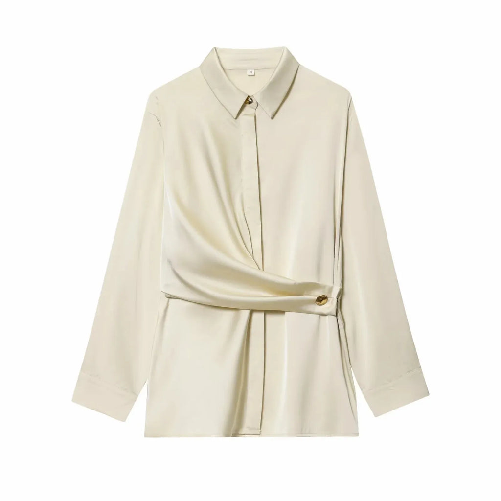 Women 2025 Autumn Winter New Silk Satin Blouse Turn-down Collar Single Breasted Long Sleeve Loose Blouse Fashion Shirt