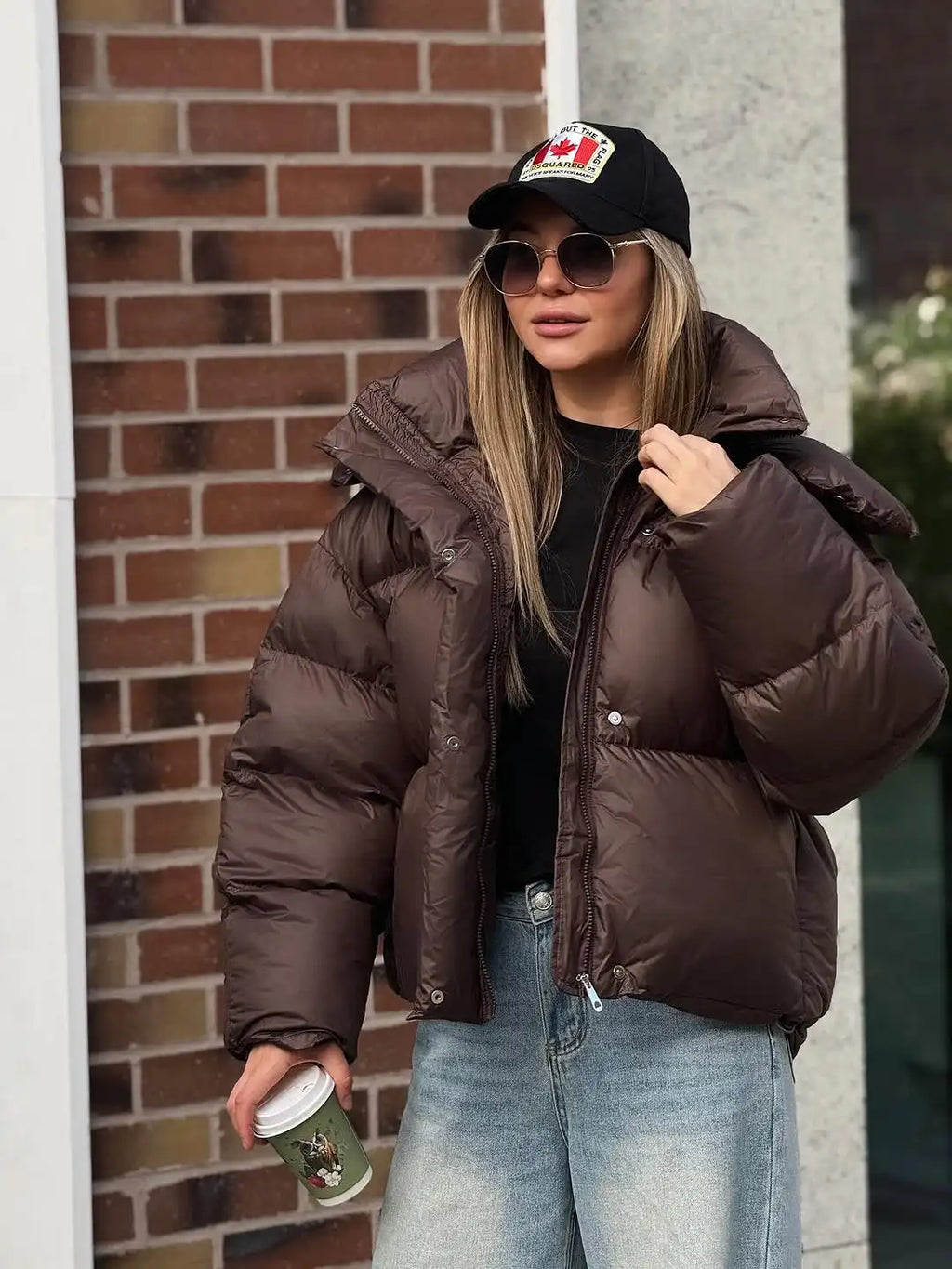 Women Brown Hooded Cotton Coat Fashion Lapel Full Sleeve Zipper Button Warm Loose Short Coats Lady Winter Casual Street Outwear