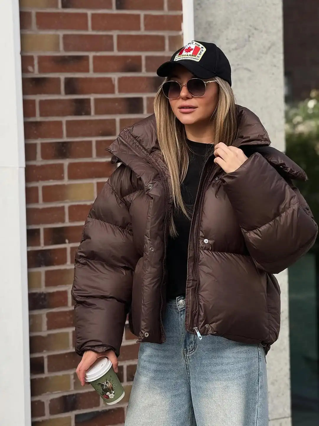 Women Brown Hooded Cotton Coat Fashion Lapel Full Sleeve Zipper Button Warm Loose Short Coats Lady Winter Casual Street Outwear