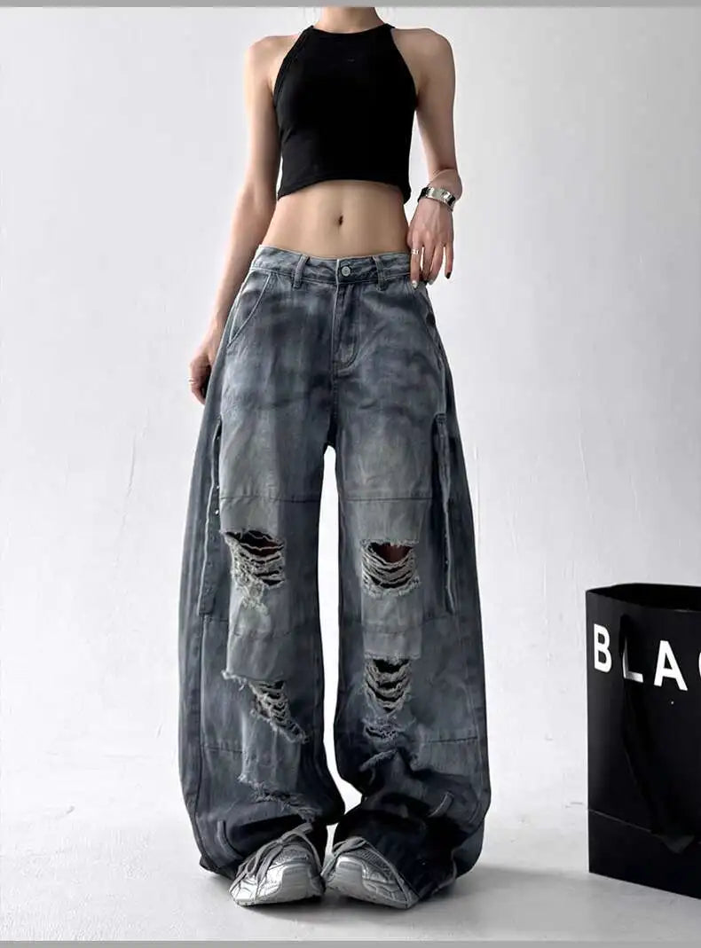 Women Jeans Pants American High Street Ripped Straight Wide-Leg Jeans For Women Design Tie-Dye Jazz Dance Cargo Full Thin Jeans