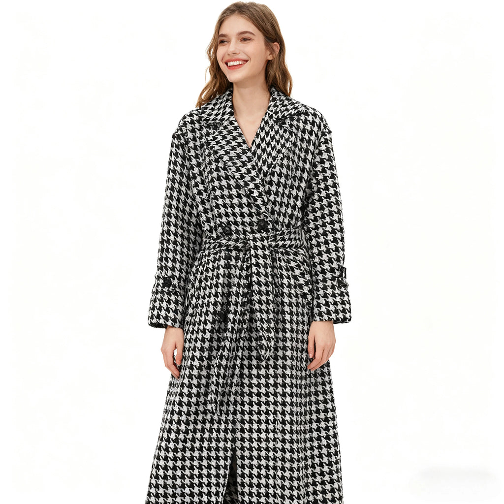 Long Coat Women Coats Work Turn Down Collar Houndstooth Thick Work Trench Streetwear Elegant Jackets Open Stith Autumn Winter