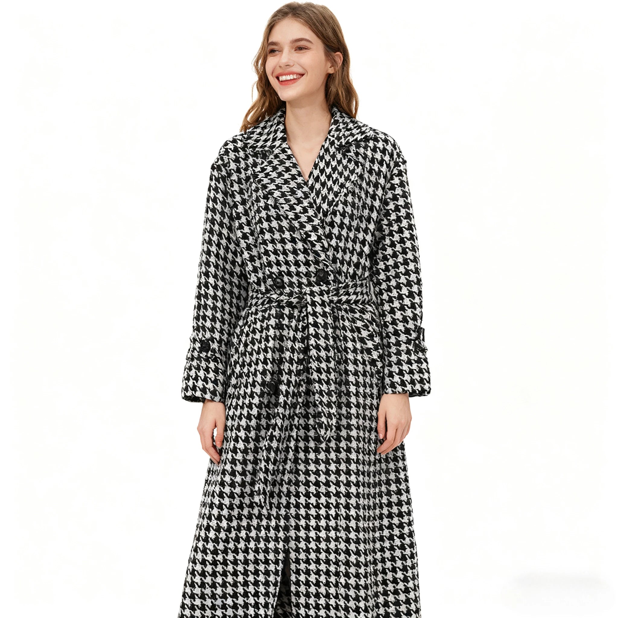 Long Coat Women Coats Work Turn Down Collar Houndstooth Thick Work Trench Streetwear Elegant Jackets Open Stith Autumn Winter