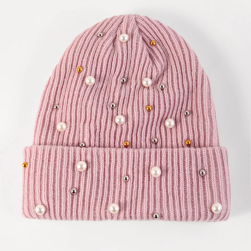 New Autumn And Winter Woolen Hat For Women, Fashionable Pearl Embellishment, Winter Warm Knitted Hat