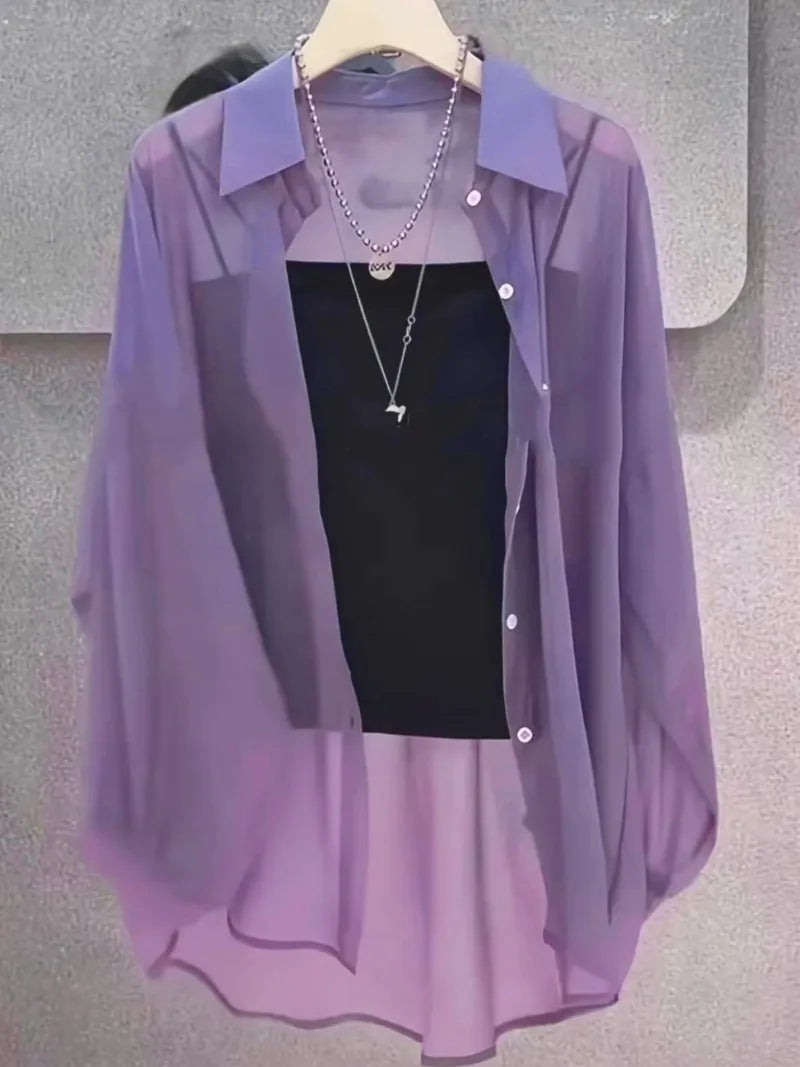 New Women's Shirt | Lightweight Breathable, Solid Color, Straight Button Placket, Lapel, Long-Sleeve, Outerwear & Sun-Protective