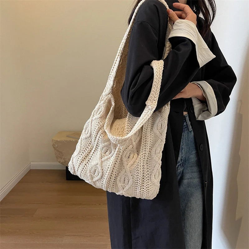 Wool Knitted Shoulder Shopping Bag for Women Vintage Cotton Cloth Girls Tote Shopper Bag Large Female Handbag Crochet Bag