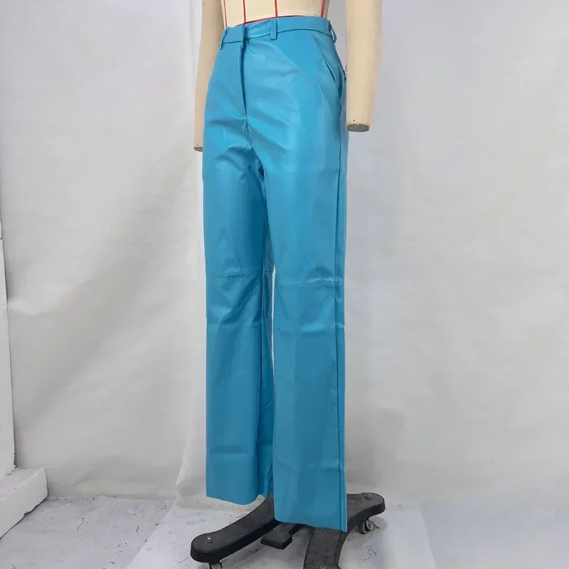 Women's Trousers Spring Fashion PU Leather Mid High Waist Lifting Hip Straight Leg Casual Women's Pants
