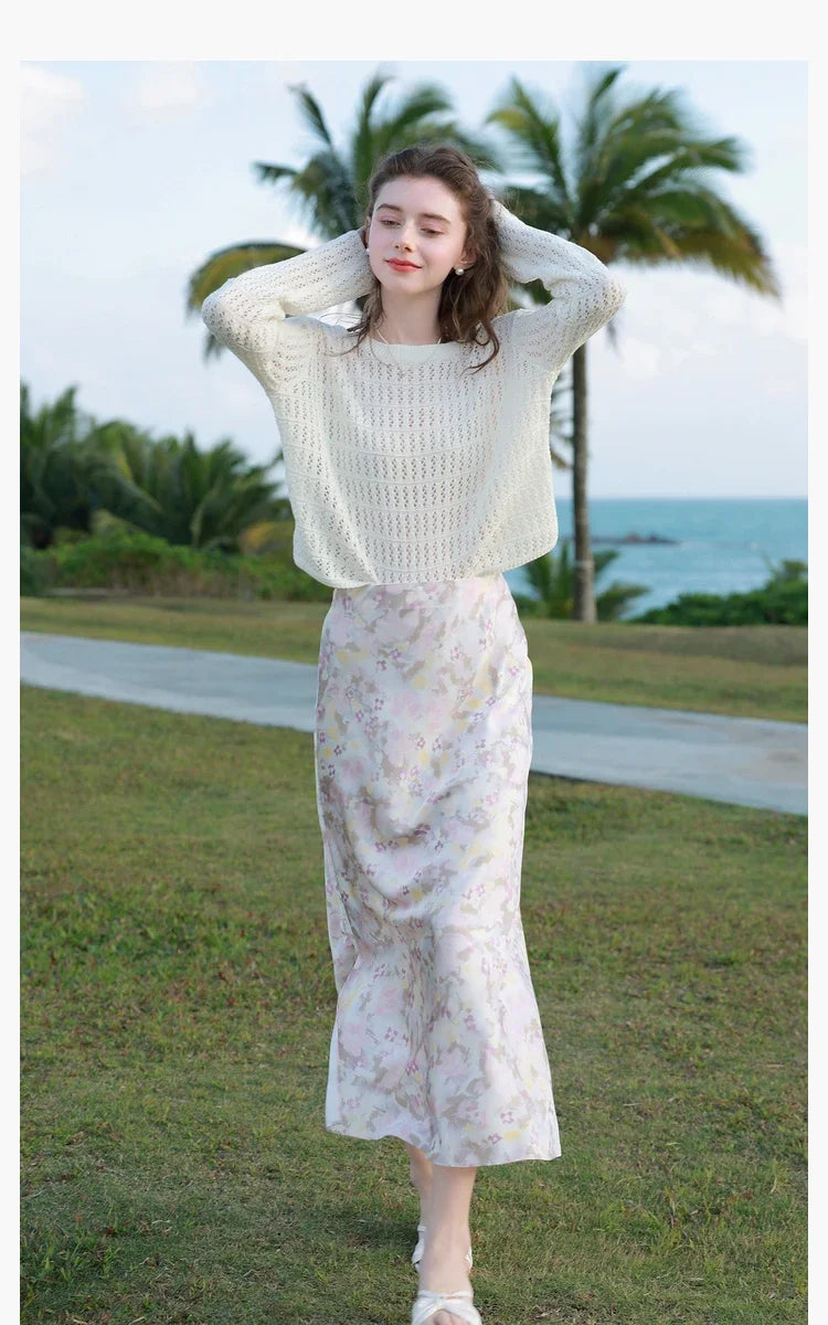 ITOOLIN Summer Women Long Sleeve Loose Casual Top Hollow Out Sexy Knit Shirt Beach Solid Y2k Pullovers Streetwear T-shirt 2024