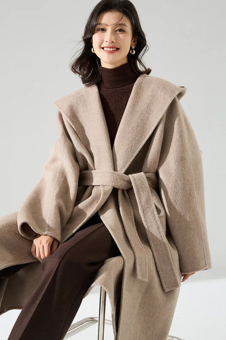 Office Lady Cashmere Woolen Jackets 2024 Autumn And Winter High-Grade Hooded Bathrobe Style Loose Lace-Up Long Women Wool Coats