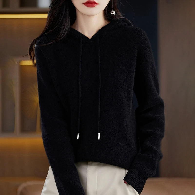 2023 New Cashmere hooded sweater Women Long Sleeve Autumn and Winter Knit hooded Pullover Solid Color Cashmere Base