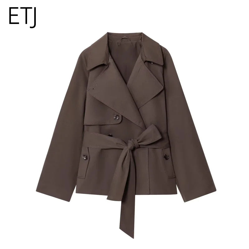 ETJ Autumn 2025 new collection  women's British style lapel double-breasted Maillard color belt casual trench coat