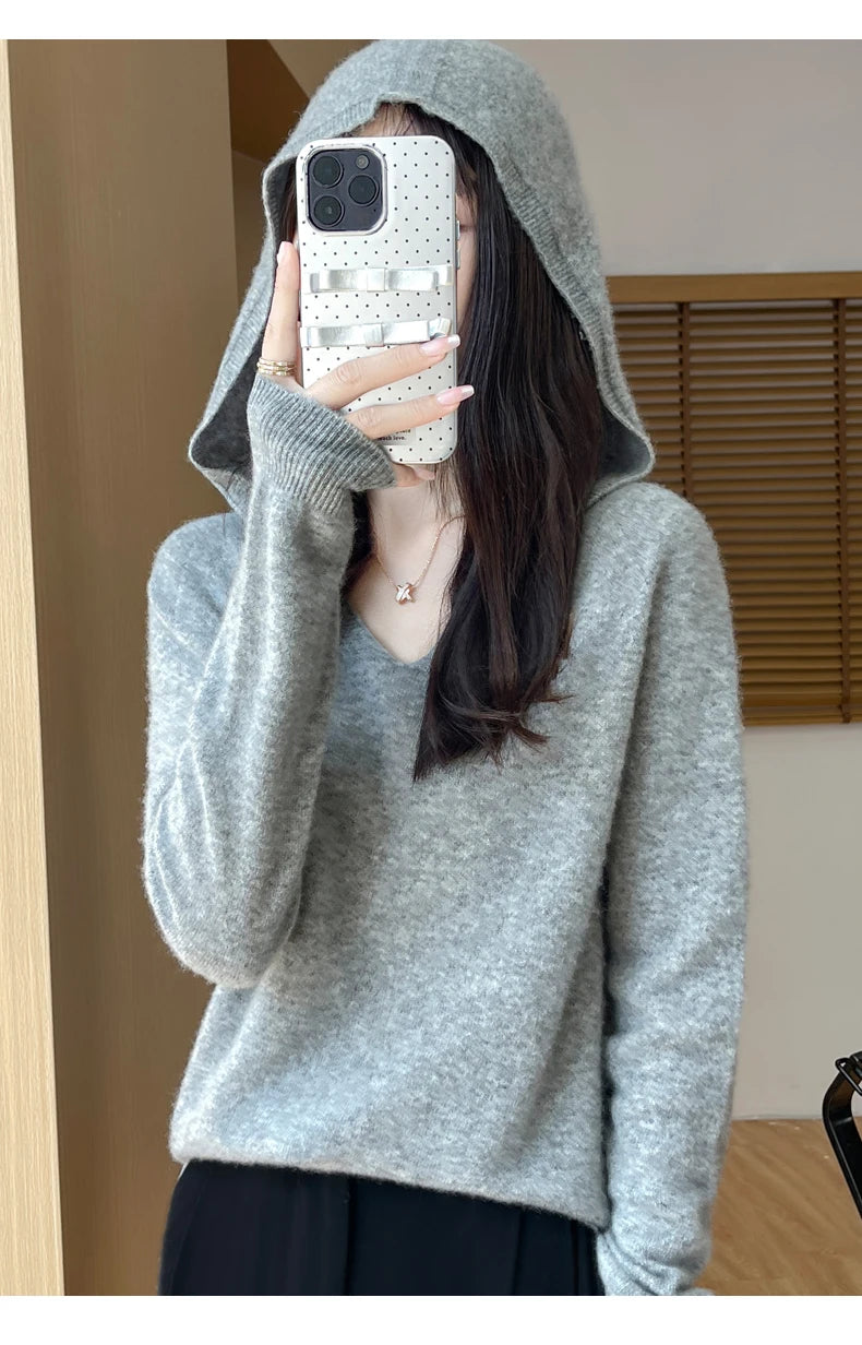 Women Autumn Winter Clothing Hooded Collar Pullover 100% Merino Wool Sweater New Fashion Cashmere Tops Bottoming Knitwear Soft