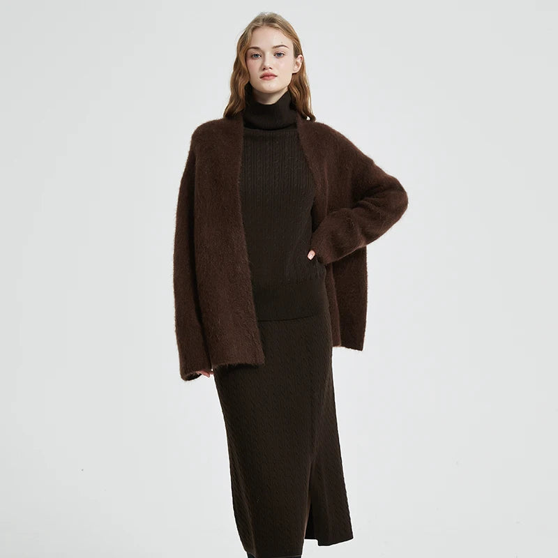 BAHTLEE-Women's Mohair Cardigan Knitted Sweater V-Neck Solid Long Sleeves Coat Keep Warm