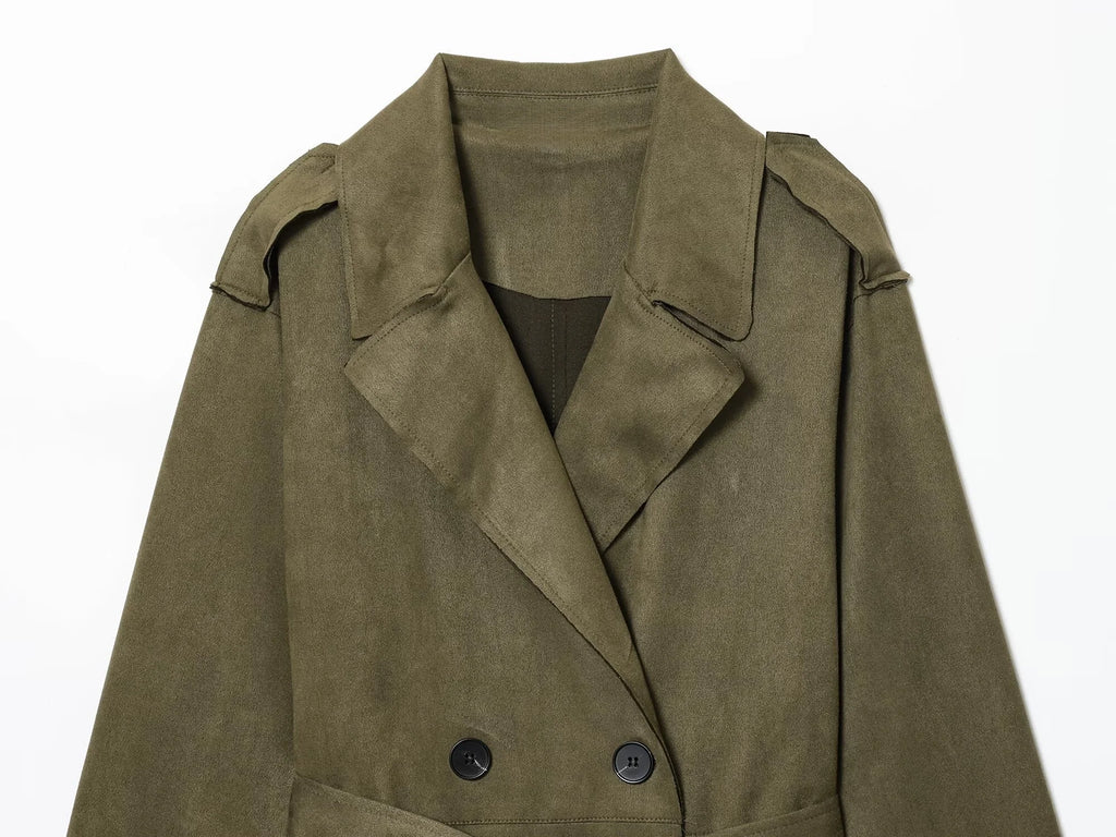2025 Winter New Women's Casual Fashionable Simple Lapel Double-Breasted Long Trench Coat with Belt and Suede