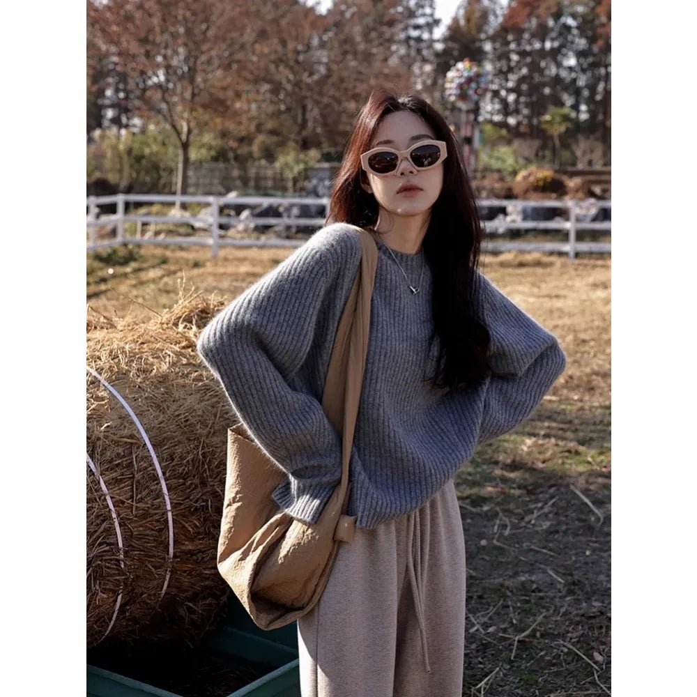 100% Cashmere sweater for women's autumn and winter loose and soft sweater wool knitted sweater round neck base layer