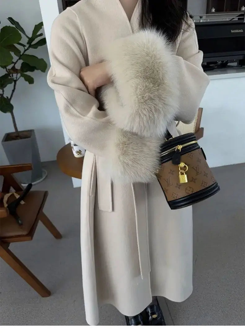 Women Autumn Winter Woolen Coat 2025 New High-End French Style Fur Sleeves Mid-Length Woolen Coat Women Long Coat Loose Outwear