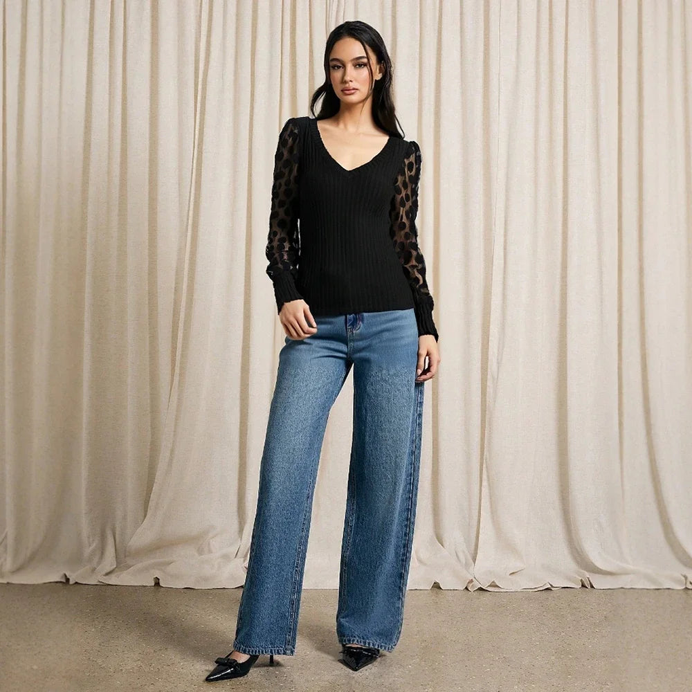 Women's Blouses Spring Fashion Sexy Office Lady See-Through Long Sleeve V-Neck Skinny Fit Dating Blouses