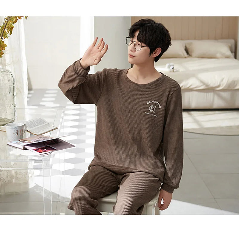 Men's Clothes Fall and Winter Pajamas Cotton Waffle Fashion Solid Color Comfortable Elastic Loungewear Homewear Youth Sleepwear