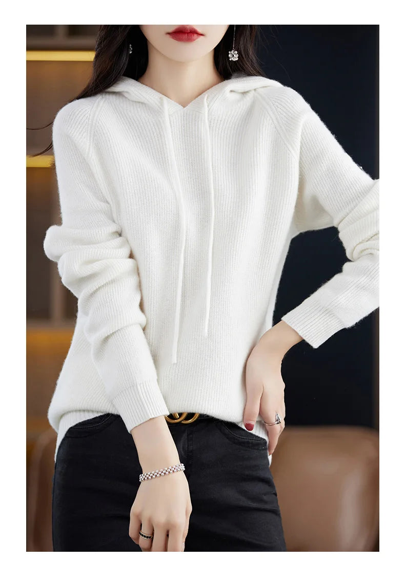 2023 New Cashmere hooded sweater Women Long Sleeve Autumn and Winter Knit hooded Pullover Solid Color Cashmere Base