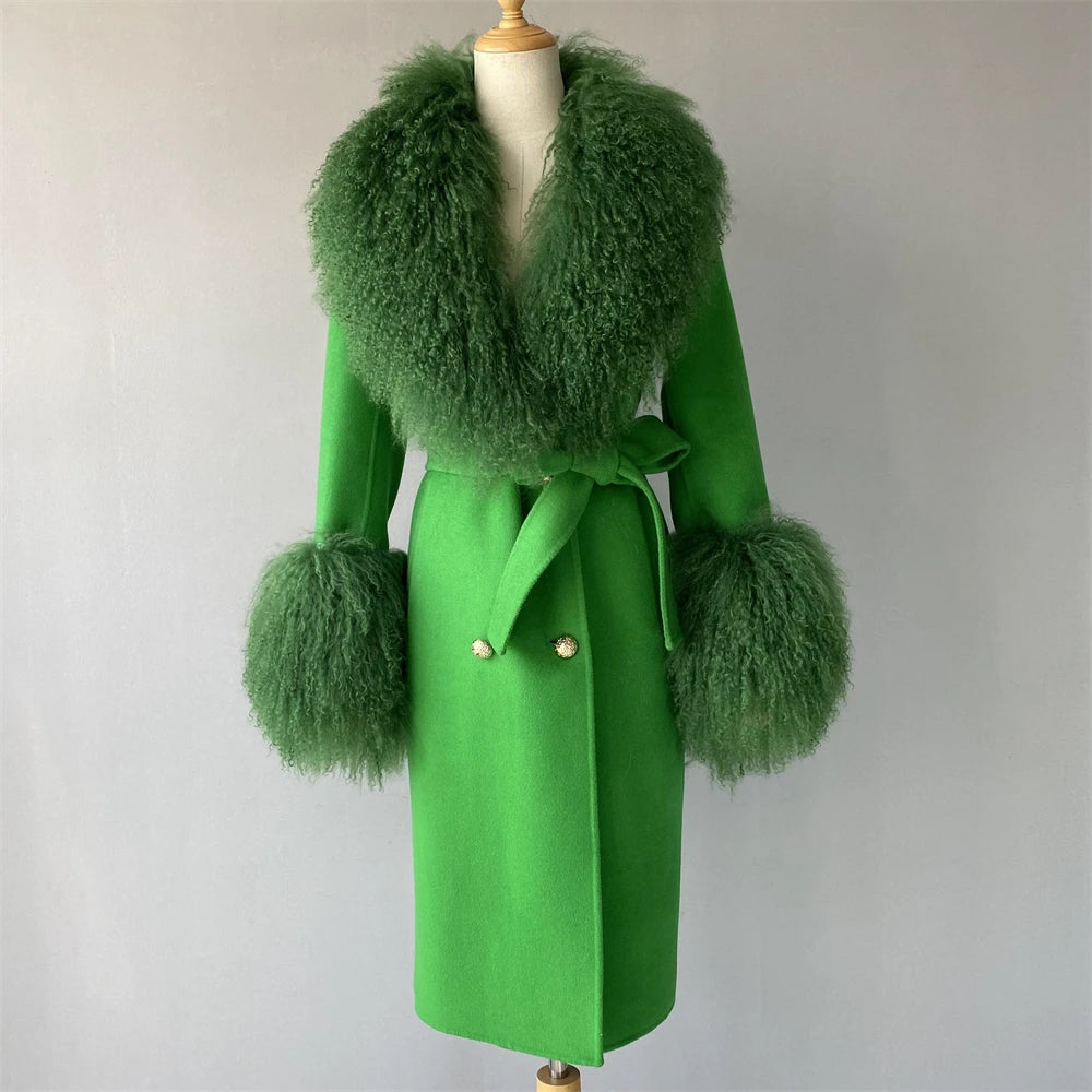Women Cashmere Wool Coat With Real Mongolian Sheep Fur Collar  Ladies Autumn Winter Fashion Long Outwear Full Sleeve Fur Jacket