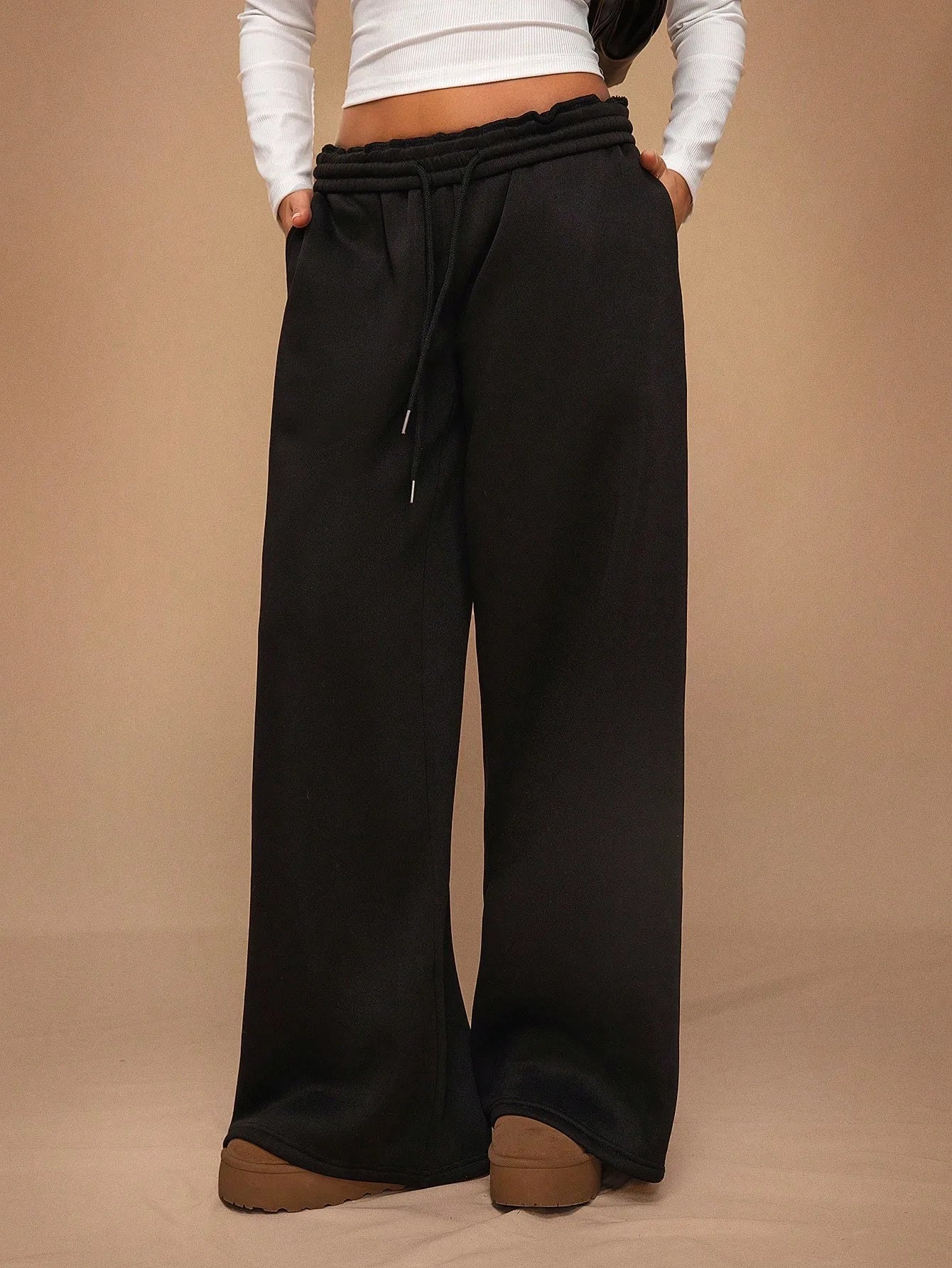 Women Add Velvet Thicken Sweatpants Autumn Female Elastic Waist Pocket Wide Leg Loose Trousers YQFS-OM023