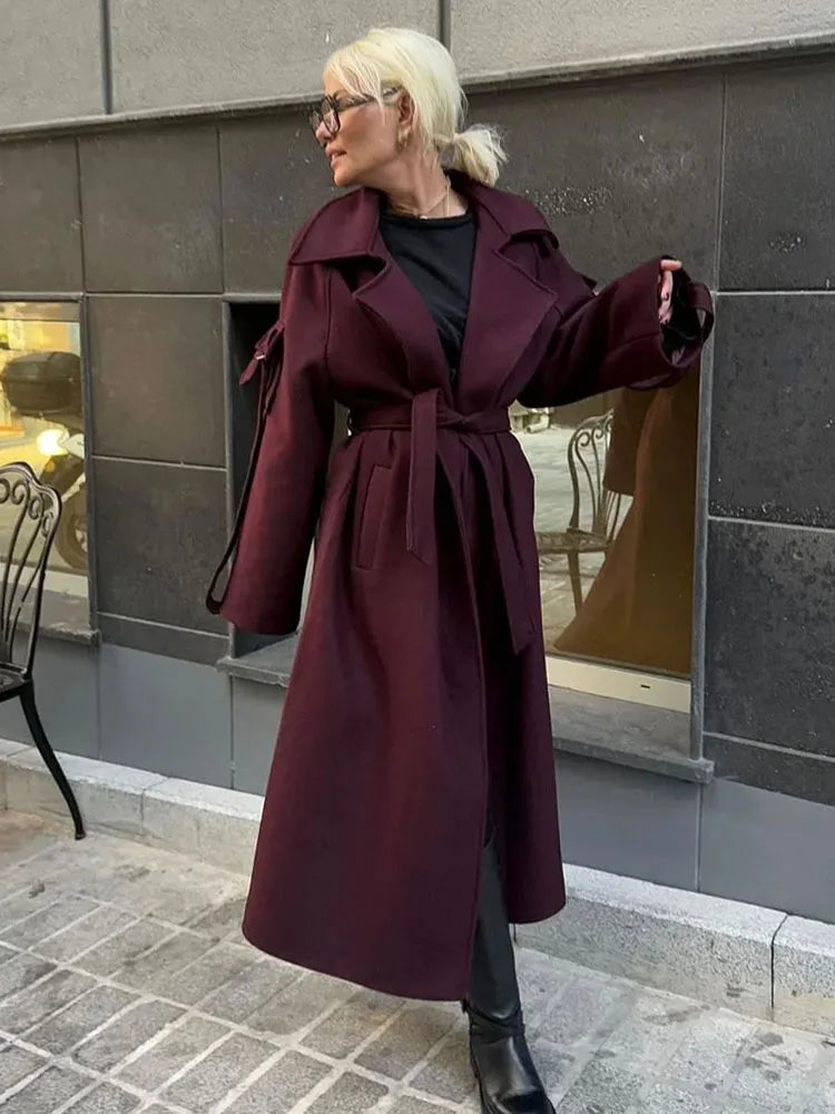 HH Winter Elegant Women Turn-Down Collar Long Coat Solid Long Sleeves Pocket Belt Double-Breasted Female Slim Windbreaker Coats