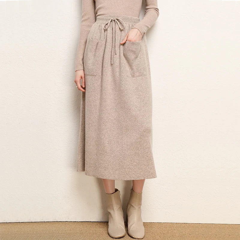 Cashmere Skirt Knitted Skirt Half Skirt, Double Pocket A-Line Skirt Skirts Plus Size Women Long Elegant Dress Women Clothing
