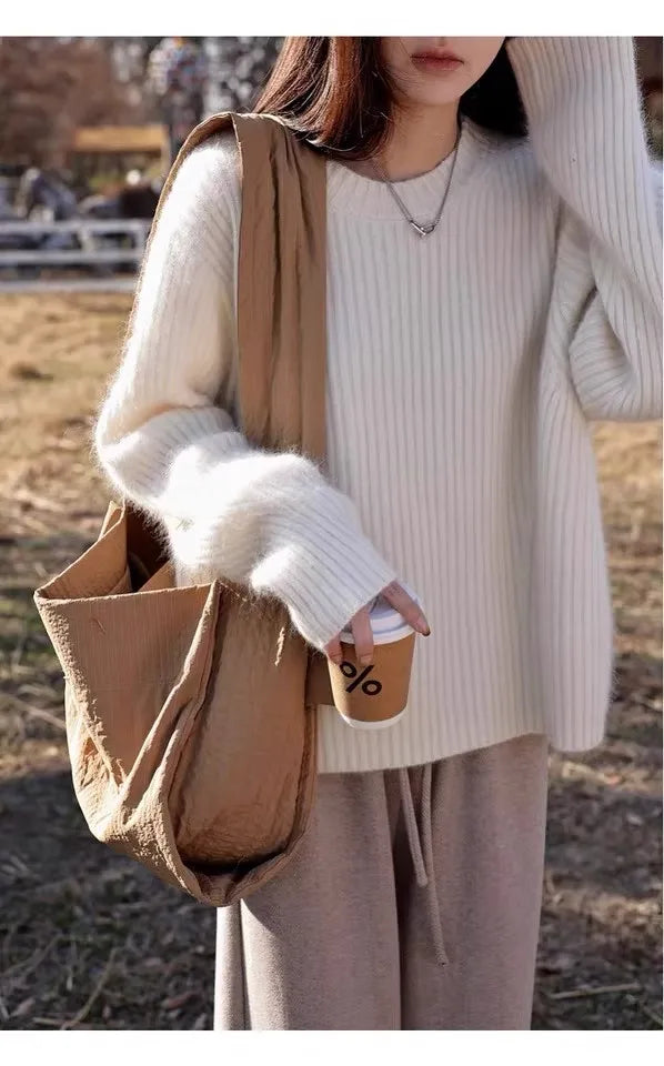 100% Cashmere sweater for women's autumn and winter loose and soft sweater wool knitted sweater round neck base layer