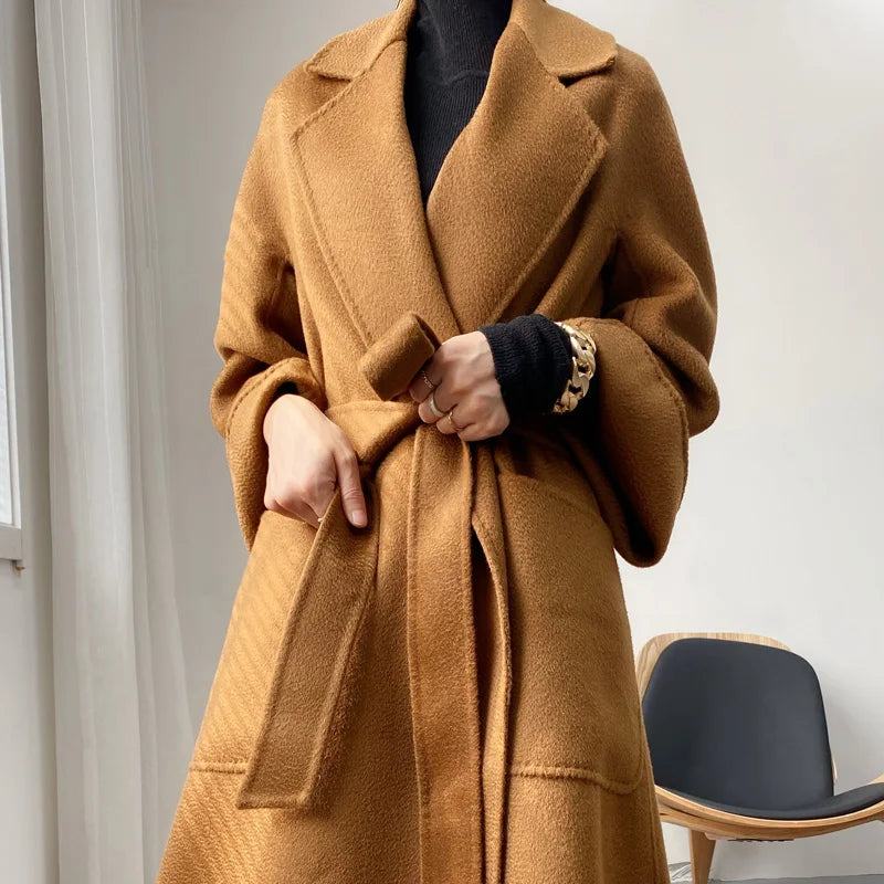Women Double-Sided 20% Cashmere Wool Coat Jacket Women Long Beautiful Woolen Winter Autumn Warm Fashion Water Ripple Cloak