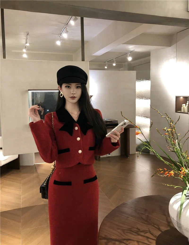Winter Outfit Women 2024 New Elegant Lady Thickened 2 Pieces Sets Women Sweet Fashion Short Coat High Waist Long Skirt Suits