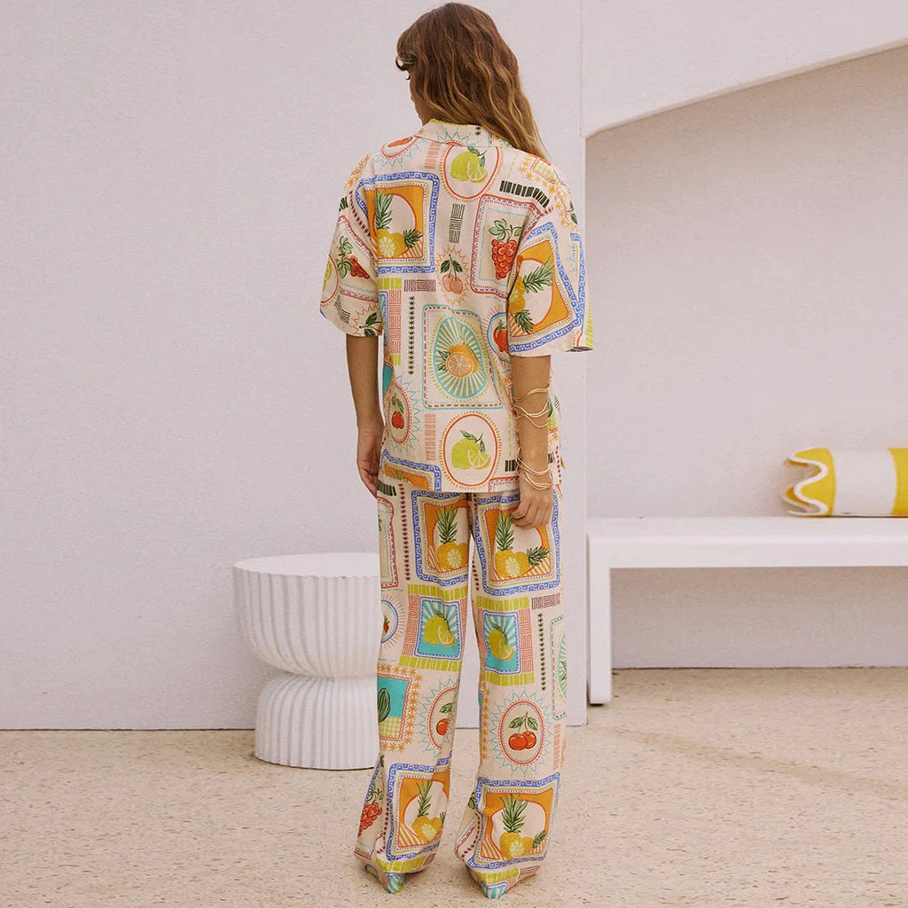 Women Shirt Collar Single Breasted Floral Print Linen Fashion Casual Spring Summer Shrit Pants Suits