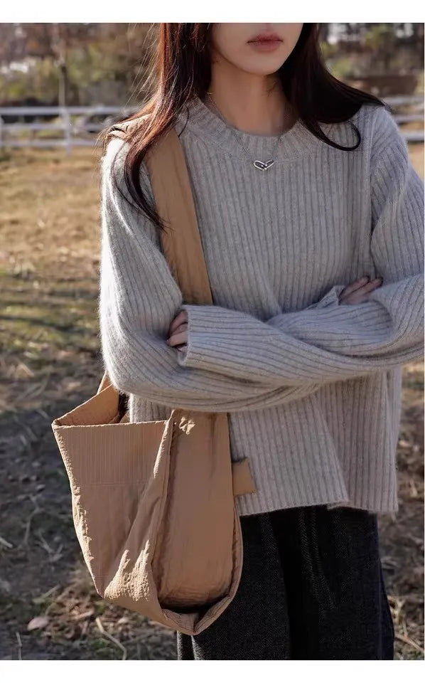 100% Cashmere sweater for women's autumn and winter loose and soft sweater wool knitted sweater round neck base layer