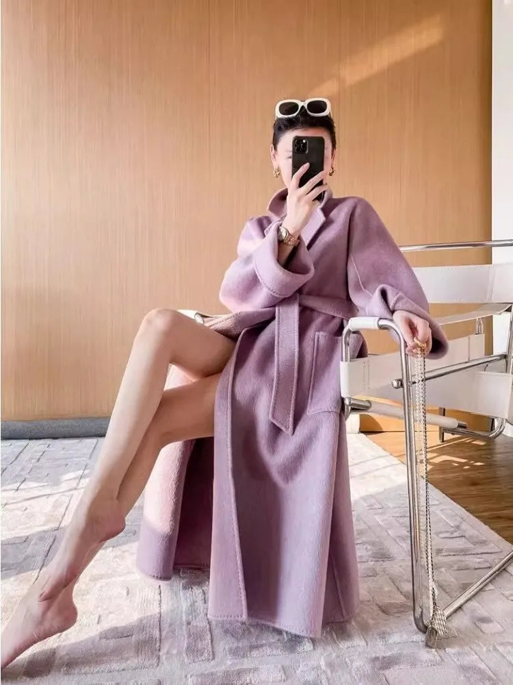 Purple Double-Sided Cashmere Coat For Women In Autumn And Winter, Fashionable And High-End, Loose And Medium Length Coat