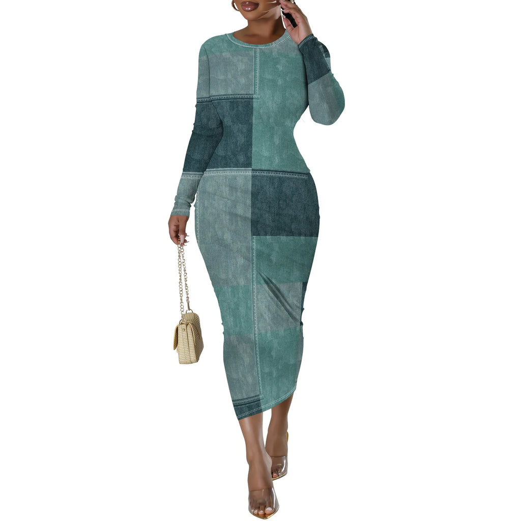 European and American women's fashion temperament casual print slim black dress