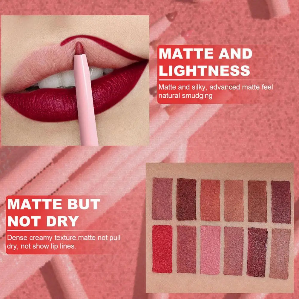 6 Matte Lip Liner, Red Pigment, Nude Brown Smooth Rose, Long-Lasting Rotating Lipstick Pencil Set, Women's Facial Cosmetics