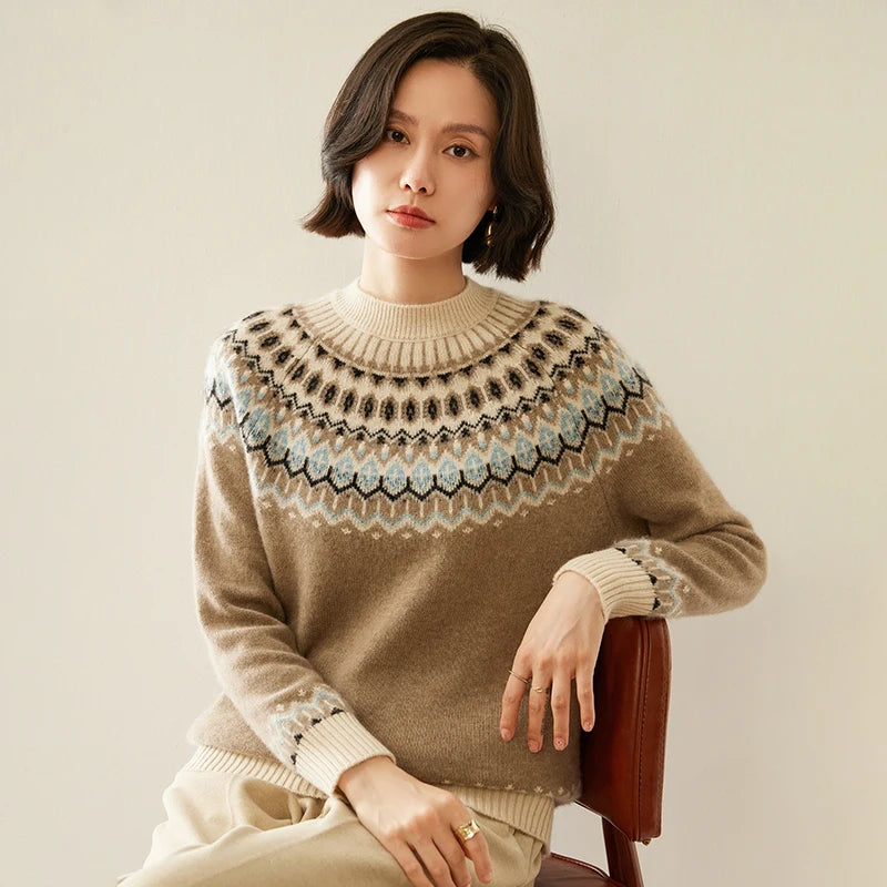Autumn And Winter New Cashmere Sweater Fashion Women's Retro Round Neck Jacquard Cashmere Knitted Bottoming Shirt With Sweater