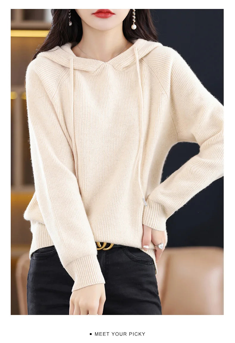 2023 New Cashmere hooded sweater Women Long Sleeve Autumn and Winter Knit hooded Pullover Solid Color Cashmere Base