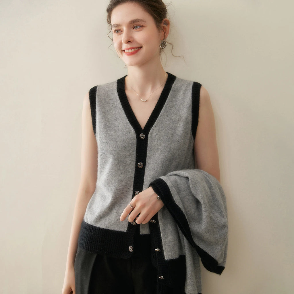Women Cashmere Sweater V-neck  Cardigan and Vest Set Spring Autumn Winter 100% Cashmere Knitwear Long Sleeve Top Waistcoat Suit