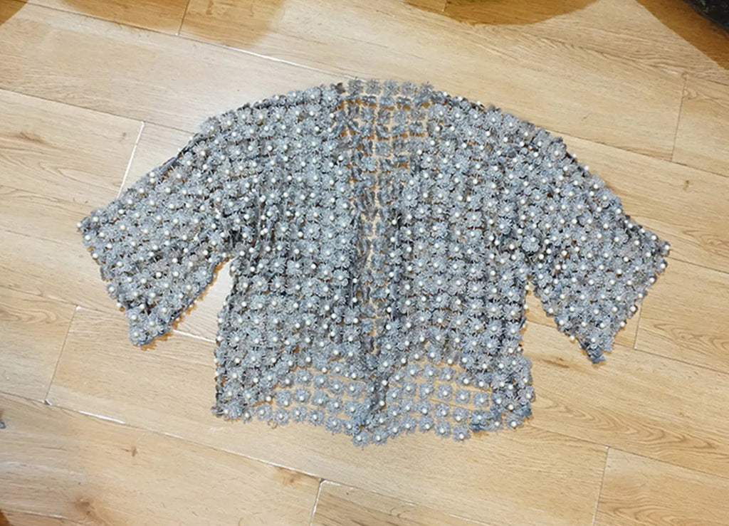 Women Beads Coat Style Women Perspective Shawl Fashion Hollow Out Lace Boleros Short Sleeve Coats Jackets Femal